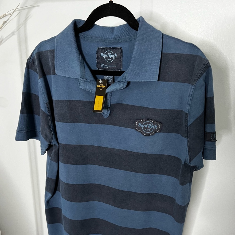 Hard Rock Cafe Polo Shirt Mens Large Blue Striped Short Sleeve Cotton Collared